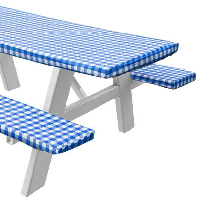 China Waterproof Popular Checkered Waterproof Picnic Table Cover And Bench Fitted Table Cloth Covers 3 Piece Set for sale