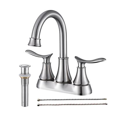 China Sink Faucet 2-Handle 4-Inch Brushed Nickel Bathroom Faucet Bathroom Vanity Sink Faucets With Auto Drain And Supply Hoses for sale