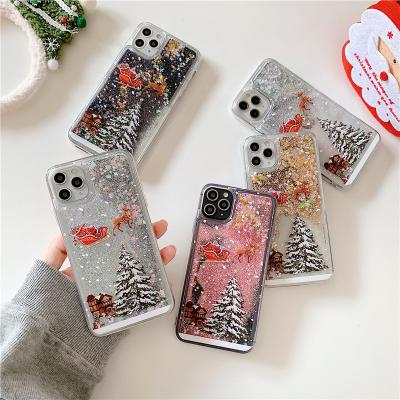 China Anti-fall Christmas Tree Quicksand Transparent Double Glitter Phone Case Shell For iPhone 13 12 pro 11 max for sale