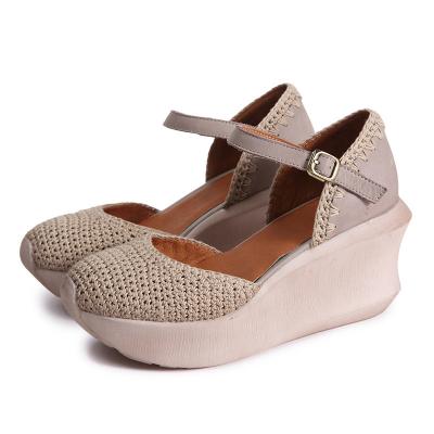 China S509 New Style Handmade Knit Leather Women'S Shoes Literary Fashion Platform Platform Shoes Ethnic Increased Wedge Shoes for sale