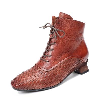 China HZM027 Real Cowhide Women'S Martin Boots Autumn And Winter New Fashion Short Boots Casual Wild Woven Leather Boots Smoke for sale