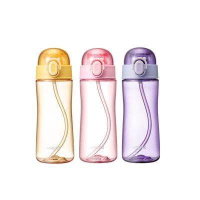 China Sustainable Transparent Portable Flip-Top Lid Plastic Water Beverage Drinking Bottles with Straw for Fitness Sport for sale