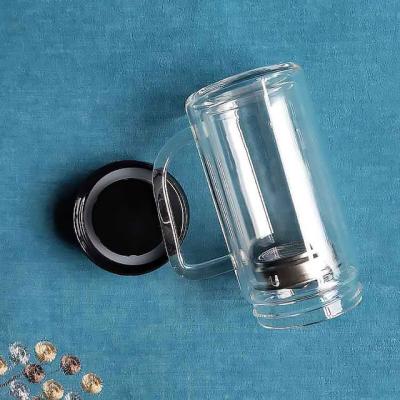 China Sustainable Good Quality Reusable Thick Double Wall  Biodegradable Thick Glass Clear Bottle with Filter and Lid for Office Meeting for sale