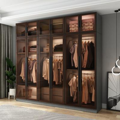 China Adjustable Aluminum Frame Glass Shelf (Other) Covered Drawer Wardrobe Glass Clothes Hanging Wardrobe Cabinet Leather Top Led Light Metal Customized for sale