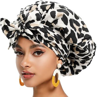 China Fashion Custom Leopard Double Layers Bow Headweap Silk Sleep Hat Satin Hair Hood Turban With Logo For Sleep for sale