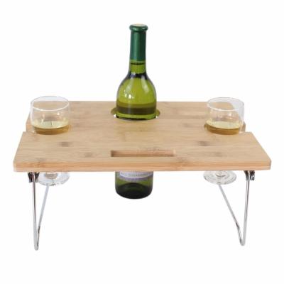 China Sustainable Wine Glass Cup Holder Tray Table -Bamboo /Folding Snack Table for 2 Bottle Wine Glass Cup Wholesale Wine Rack for sale