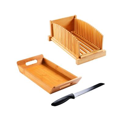 China Sustainable FoldableAdjustable  Bamboo Wood Bread Board with Stainless Steel Knife Set and Crumb Tray Bread Slicer Cutting Bread Board for sale