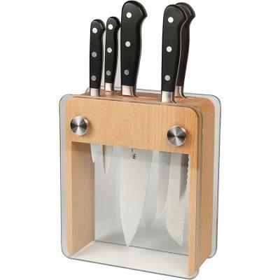 China Sustainable Kitchen Bamboo Knife Block Knife Holder with 2 Sides Tempered Glass Knife Storage Organizer for sale