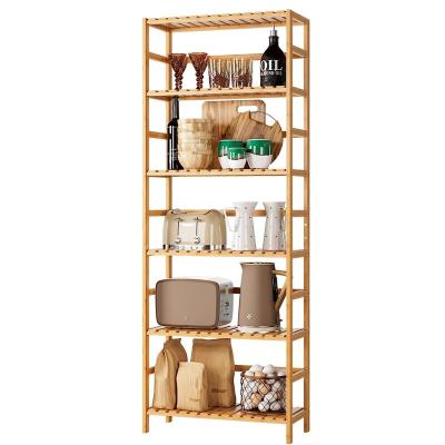 China Sustainable Bamboo Customizable Utility 6 Tier Shelf Plant Display Stand Storage Rack Shelving Bamboo Bookcase with Adjustable Shelves for sale