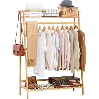 China Sustainable Bamboo Garment Coat Clothes Hanging Heavy Duty Rack with top Shelf and Shoe Clothing Storage Organizer Shelves for sale