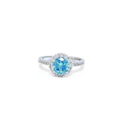 China CLASSIC round shape zircon engagement ring, Aqua Blue CZ halo ring, jewelry for women men kids. Faux Diamond, Copper, Brass for sale