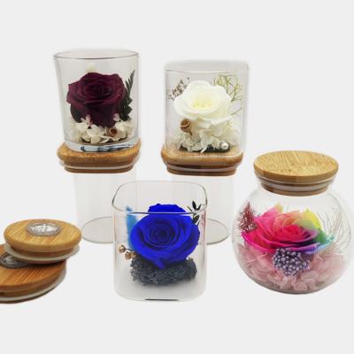 China Forever Infinite Infinite Rose Blossom Rose Wholesale Preserved Eternity Dried in Jar Candle Arrangement with Wooden Lid for Gift for Baptism for sale