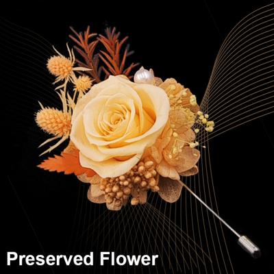 China Wood Brosche Spilla Broches Preserved Yellow Designer Pin Lapel Pin Lapel Trendy Inspired Floral Flower Brooches For Groom Suit Men Dangling for sale