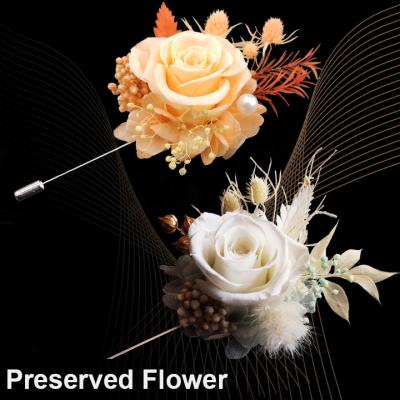 China Fashion Corsage Wood Fancy Inspired OEM Trendy Rose Bouquet Suit Lapel Flower Luxury White Pin Brooch For Men Male Wedding Groom Bee for sale