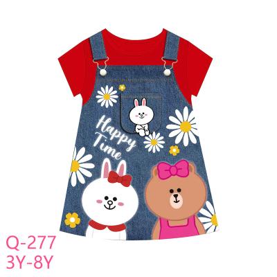 China Anti-wrinkle Summer Short Sleeve Nightgown For Girls 3-8 Years Caluby Brand Cotton Skirt, Denim Print Series Cartoon Style for sale