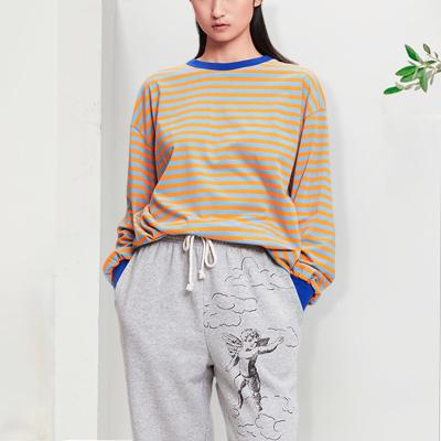 China Factory Direct Sale Premium Anti-wrinkle Loose Casual Round Neck Striped Sweatershirt Suit Cotton Fleece for sale