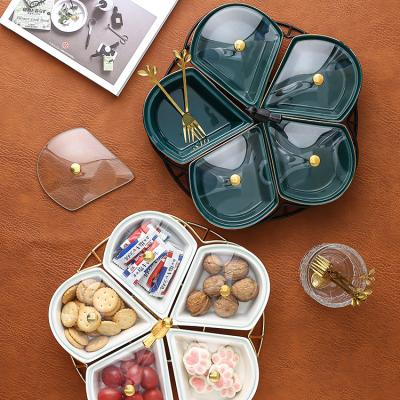 China Sustainable 5 Compartments Flower Shape Ceramic Fruit Tray Iron Frame Snack Dish For Dessert Or Salad In Christmas With Glass Lid for sale