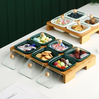 China Sustainable Fruit Tray Ceramic Tray 6 Grid Snack Fruit Box Wedding Dry Candy Tray with Glass Covered Bamboo and Wooden Shelf for sale