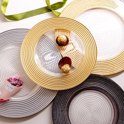 China Wholesale 13inch Food Dish Dinner Plate Wedding Charger Dishes Gold Glass Steak Salad Viable High Quality Dessert Dish With Gold Rim for sale