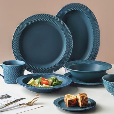 China Sustainable High Quality Blue Factory Outlet Morden Design Plates Ceramic Dinnerware Porcelain Dishes Sets for sale