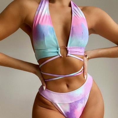 China 2021 Breathable Biquini Cintura Alta Hot Sale Halter Bra And High Back Waist Swimsuit Female Sets Women Mini Micro Bikini 2 Piece Swimwear for sale