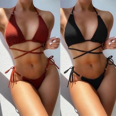 China 2021 New Bikini Solid Color Breathable Halter Lace Bikini Ladies Swimwear Slit Swimsuit Triangle Bikini Swimsuit Ladies for sale