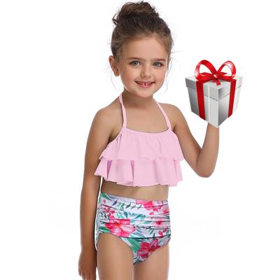 China Breathable Lotus Lace Up 2021 New Children's Swimsuit Solid Color Printing High Waist Split Bikini Children's Swimwear for sale