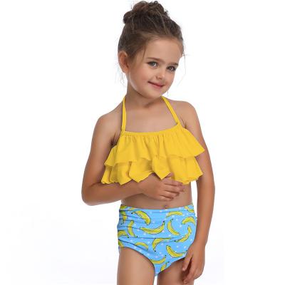 China Breathable Lotus Lace Up 2021 New Children's Swimsuit Solid Color Printing High Waist Split Bikini Children's Swimwear for sale