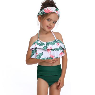 China Breathable Lotus Lace Up 2021 New Children's Swimsuit Solid Color Printing High Waist Split Bikini Children's Swimwear for sale