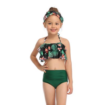 China Breathable Lotus Lace Up 2021 New Children's Swimsuit Solid Color Printing High Waist Split Bikini Children's Swimwear for sale