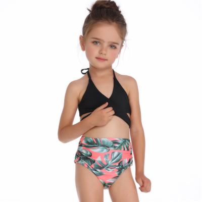 China Breathable Lotus Lace Up 2021 New Children's Swimsuit Solid Color Printing High Waist Split Bikini Children's Swimwear for sale