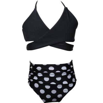 China 2021 New Children's Breathable Swimsuit Solid Color Cross Lace Spotted Bikini Children's Slit Waist Tops Swimwear for sale