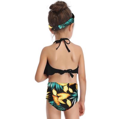 China 2021 new ruffle children's swimsuit solid halter lace slit bikini kids draw waist tops breathable swimwear for sale