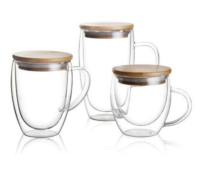 China Sustainable Hand Made Double Wall Clear Glass High With Handle And Lid , Double Wall Tumbler With Bamboo Lid for sale