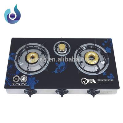 China Household Top 10 Brands Tempered Glass Top 3 Burner Gas Cooker Gas Stove for sale