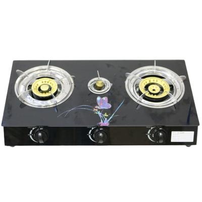 China Table Top Household Customized Gas Stove Trigle Burners Glass Gas Stove With 2D/3D Printing Factory Direct Sale for sale