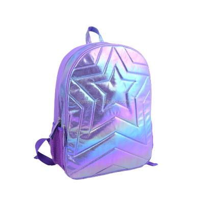 China Anti-theft Stitched Back to School Outdoor Sport Embroidery Stitch Holographic Purple Logo Waterproof PU Backpacks for Girls and Woman for sale