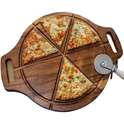 China Viable Hot Selling Double Sided Pizza Serving Board Acacia Wood Round Pizza Board With Juice Groove for sale