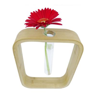 China Factory direct sale modern durable glass tube vase with bamboo stand in low price for sale