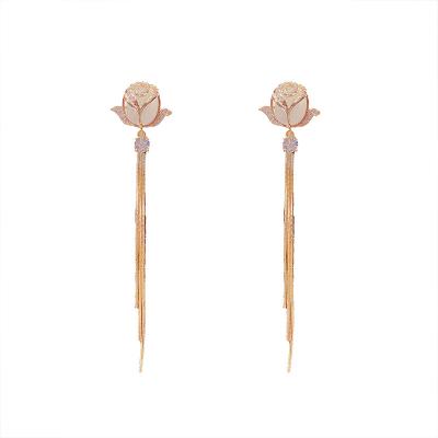 China New Style 925 Friendly Silver Needle Micro Inlaid Zircon Real Gold Plated Real Gold Plated Flower Long Chain Earrings Personalized Stud Earrings for sale