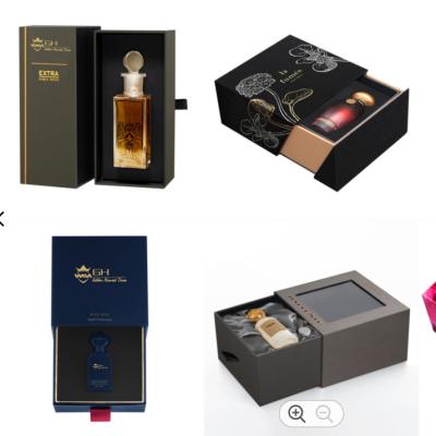 China Recyclable Magnetic Black Perfume Packing Boxes With Logo Silver Stamp Fragrance Candle Soft Touch Paper Perfume Bottle Packaging for sale