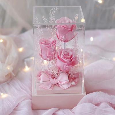 China DIY Gift Best Valentine's Day Gifts Lasting Eternal Roses Flowers Forever Preserved Roses Flower In Square Acrylic Gift Box for sale