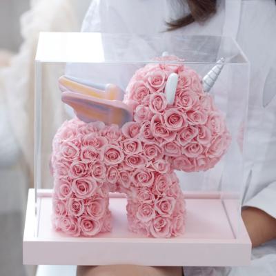 China Real Naturals Grow Roses Luxurious Gift Idea Handcrafted Preserved Roses Unicorn In Acrylic Boxes For Gift Present for sale