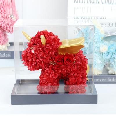 China Wholesale welcome natural flower preserved durable eternal flower decoration best preserved roses unicorn in acrylic box for sale