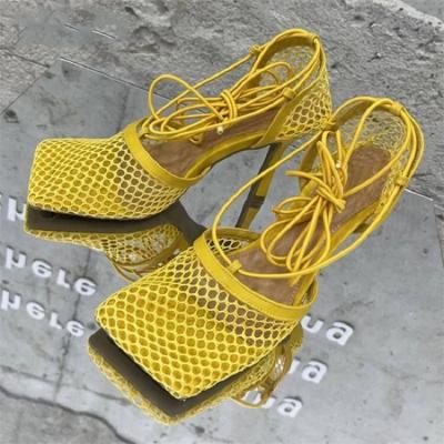 China 2022 Fashion Trend New Yellow Sexy Mesh Pumps Sandals Square Toe High Heel Lace Up Sexy Hollow Elegant Shoes for sale