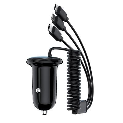 China Universal Mobile Phone Tablet Charging USB Car Charger with USB and Wire 3 in 1 Car Charger for iPhone Samsung Mic for sale