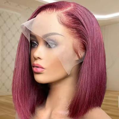 China Bone Straight Burgundy 99J Short Bob Human Hair Wig Straight 13x4 Lace Front Wig for sale