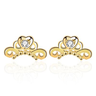 China Factory Sale Cute S925 Sterling Silver 14K Gold Plated Lovely Heart Zircon Crown Gemstone Dangle Stud Earrings For Girls Party Gift for sale