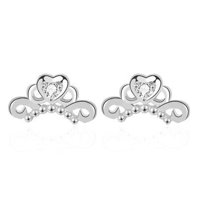 China Cute Factory Sell S925 Sterling Silver Rhodium Plated Lovely Crown Heart Zircon Gemstone Dangle Stud Earrings For Girls Party Gift for sale