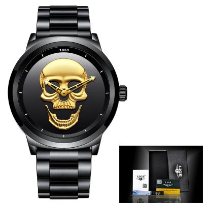 China LIGE 9876 Chronograph Mens Skull Watch Brands Luxury Stainless Steel Quartz Watches Mens Business Fashion Retro Waterproof Clock for sale